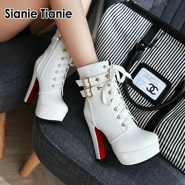 

boots sianie tianie black white woman ankle winter thin high heels lace up platform women with buckle and rivets size 47