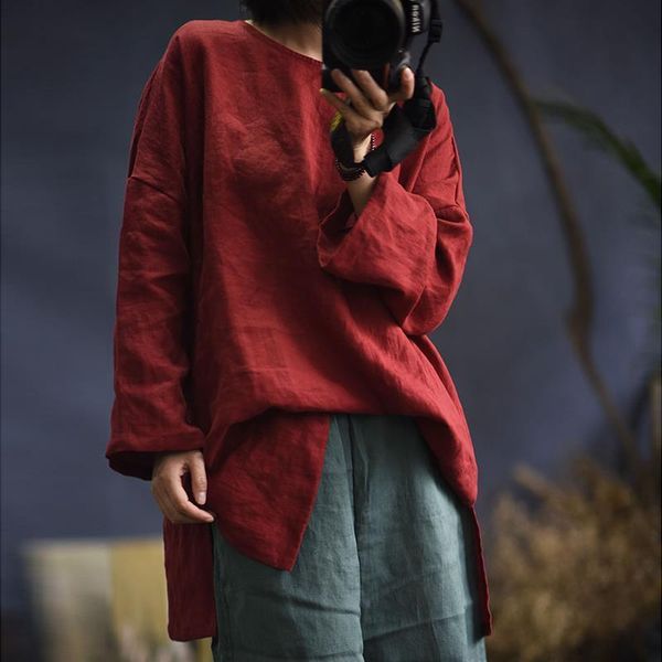 

spring 2020 solid color o-neck long sleeve loose comfortable all-match t-shirt new simple retro women pullover t-shirt, White