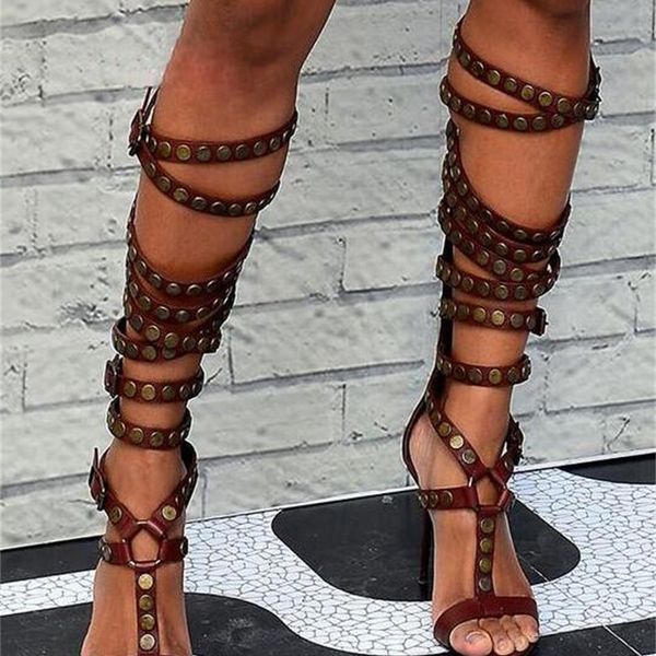 

2020 woman metal circle leather sandals brown buckles women cross-tied knee boots toe open ladies high heels 1frx, Black