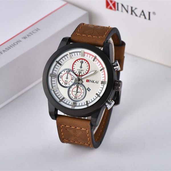 

men's leisure sports watch quartz movement with calendar large dial fashion belt watch, Slivery;brown