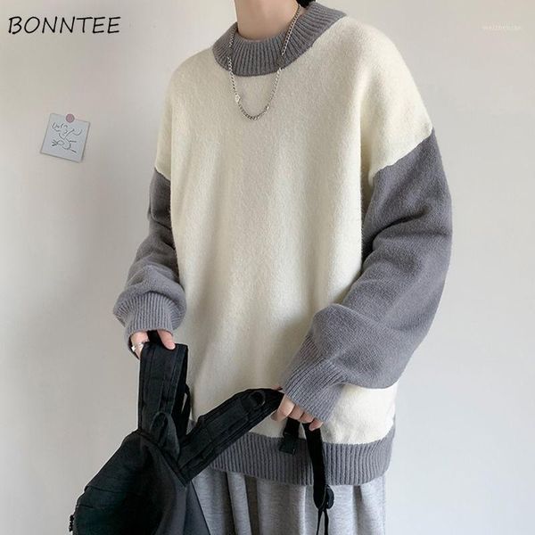 

men pullovers patchwork casual loose simple all-match korean style lazy male sweaters knitted ulzzang streetwear fashion chic1, White;black