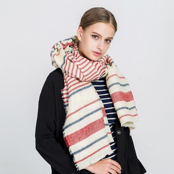 

autumn and winter 2020 new fashion striped horizontal thermal fleece imitation cashmere women's scarf, Blue;gray