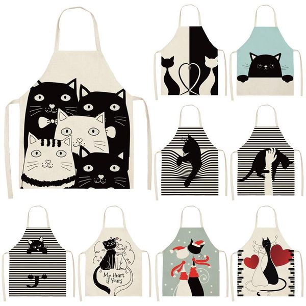 

aprons 1pcs black cat pattern cleaning colorful home cooking kitchen apron cook wear cotton linen bibs 53*65cm wql0206