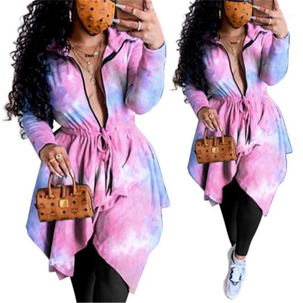 

autumn new bandage casual loose dress ladies tie dye dress fashion trend zipper lapels long sleeve irregular short skirt designer female, Black;gray