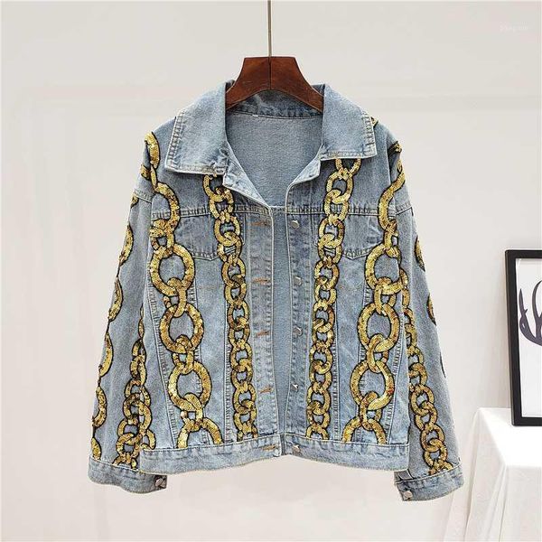 

harajuku blue denim jacket spring autumn loose vintage long sleeve chain sequins women jeans jackets streetwear female outerwear1, Black;brown