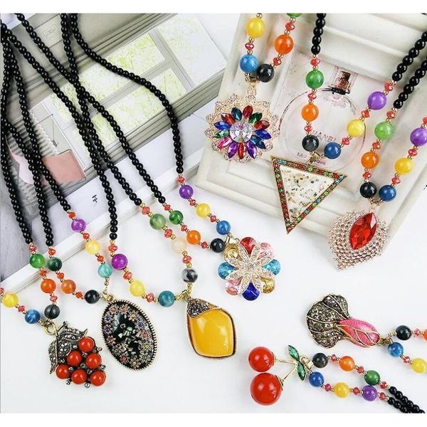 

wholesales sweater chain pearl long necklaces bohemian retro style pendants jewelry cat eye gem stone fashio wmtner beauty888, Silver