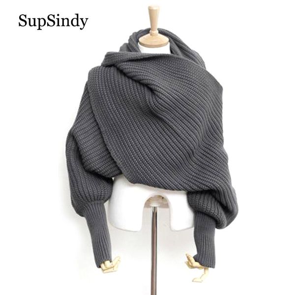 

supsindy european style winter women long scarf with sleeves wool knitted scarves for women thick warm casual shawl t200103, Blue;gray