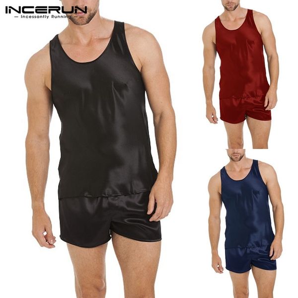 

2020 2pcs/set sleepwear lounge robe summer mens stain silk men pajamas pajamas suit sleeveless tank shorts soft loungewear y200422, Black;brown