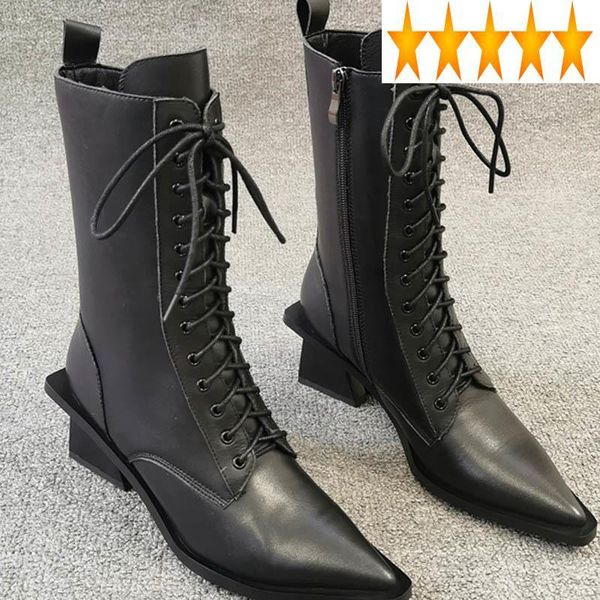 

ankle 2021 toe new pointed boots women quality leather thick high heel shoes brand winter lace-up elegant booties black