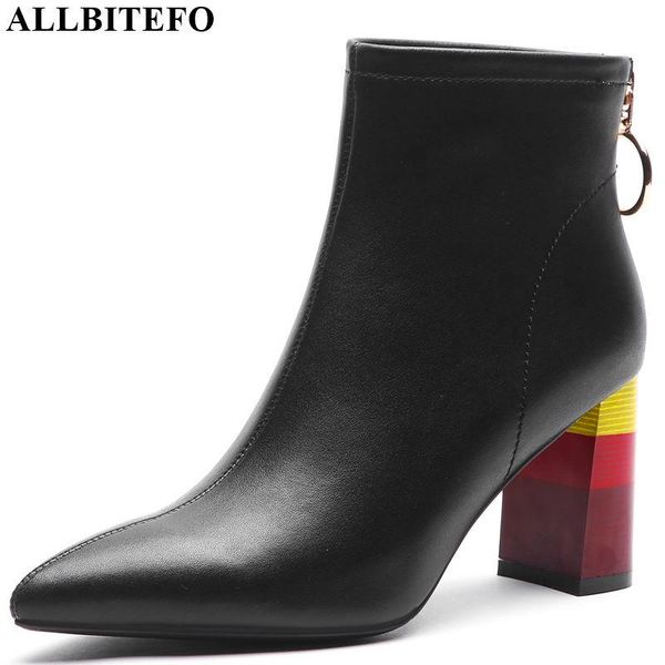 

boots allbitefo colour heel genuine leather high heels ankle for women winter snow shoes girls, Black