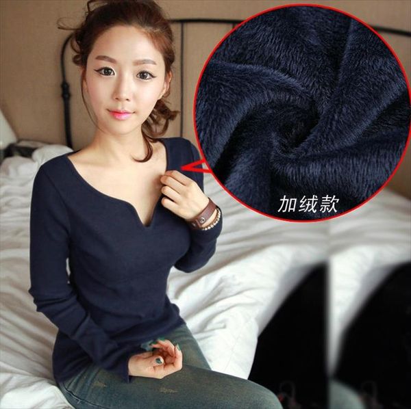 

koeran style women clothing v neck all match female long sleeve t shirt plus velvet thickening basic warm shirt plus size, White