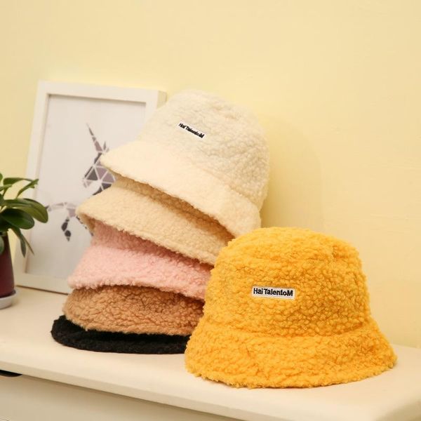 

lamb faux fur bucket hat thickened warm teddy velvet winter hats for women lady outdoor plush fisherman hat, Black;white