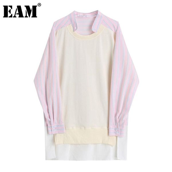 

[eam] women plaid irrgular big size long blouse new round neck long sleeve loose fit shirt fashion spring autumn 2020 1dd0351, White