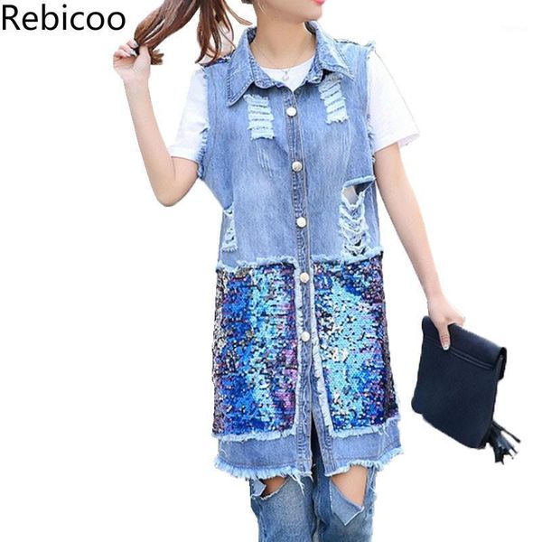 

street fashion sequins patchwork long denim vest basic gilet frayed holes waistcoat for women sleeveless colete feminino1, Black;white