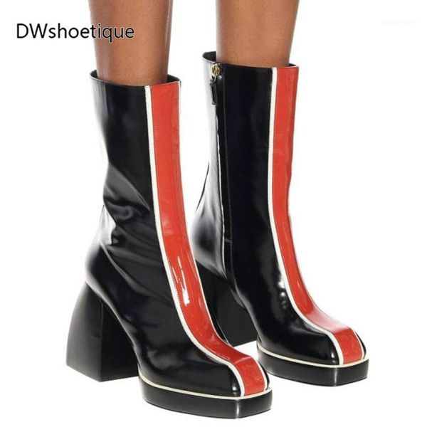 

winter chunky heel women ankle boots mix color leather platform women booties1, Black