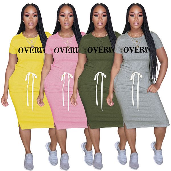 

women letter drawstring dress short sleeve o-neck tshirt dresses ladies split loose clothes, White;black