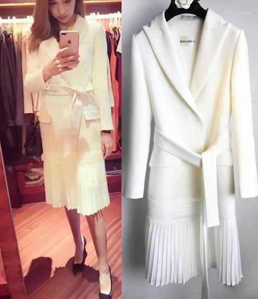

2019 spring and summer white windbreaker with skirt suit lady fold long thin suit coat elegant temperament women clothing1, Tan;black