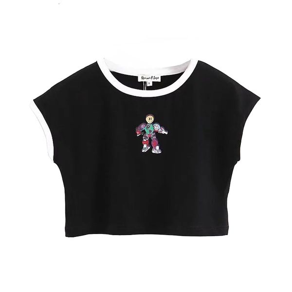

2021 new super cute mini robot style squeezed fine tied short t-shirt from cotton high street mangoes o-neck black for women ca3z, White