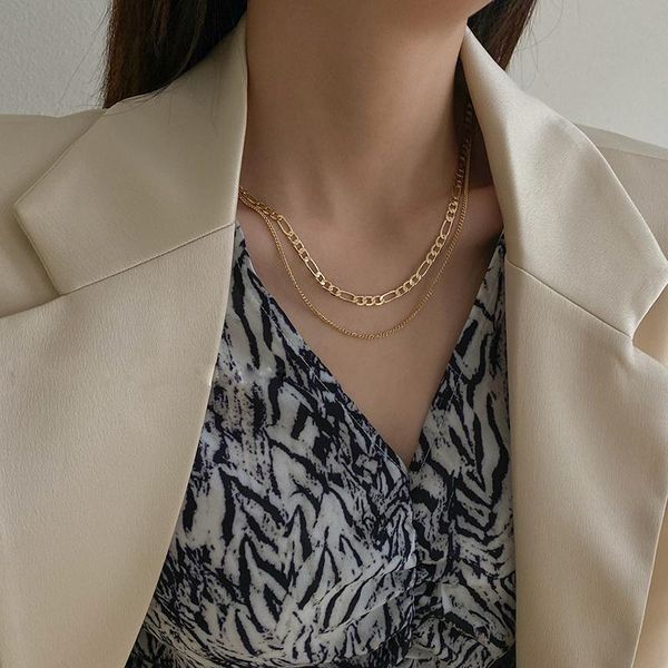 

chokers stainless steel double layer simple necklace gold silver color chunky chain charm for women, Golden;silver