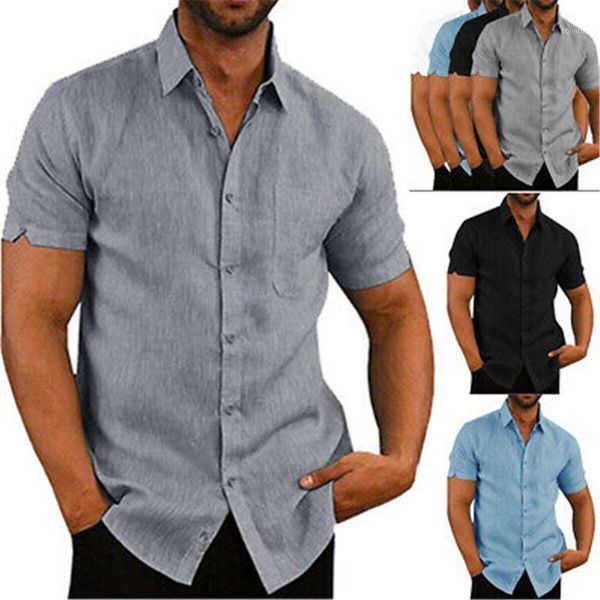 

solid shirts short sleeve men summer linen loose soft tee casual1, White;black