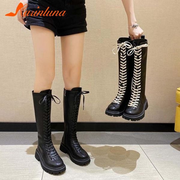 

boots 2021 brand stylish female shoes shoelace round toe motorcycle knee high lace-up women trendy skidproof, Black