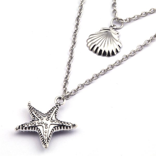 

fashion jewelry shell stars simulated pearl chain necklaces & pendants for women big statement multi layer silver color necklace