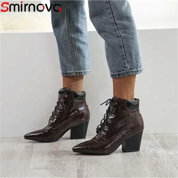 

smirnova 2020 new arrive ankle boots women pointed toe lace up autumn winter boots thick high heels prom women big size, Black