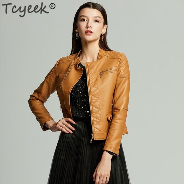 

tcyeek fashion 2020 autumn winter women leather coat female rivet moto biker leather jacket women's outerwear female jacket 6601, Black