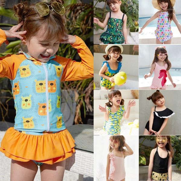 

children's swimwear long sleeve one piece swimsuit girls print children ruffle swim suit kids floral child bathing zipper pleated cute1