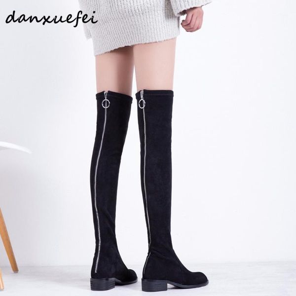 

boots women's genuine suede leather stretch back zip over the knee brand designer flats long black slim winter shoes sale1
