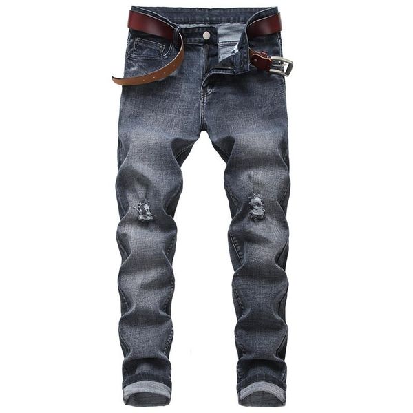 

classic men jeans distressed slim stonewash scratched patchwork casual denim pant streetwear male trousers hombre clothing, Blue