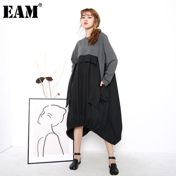 

eam] women gray ribbon split big size long dress new round neck long sleeve loose fit fashion tide spring autumn 2020 1da25902, Black;gray