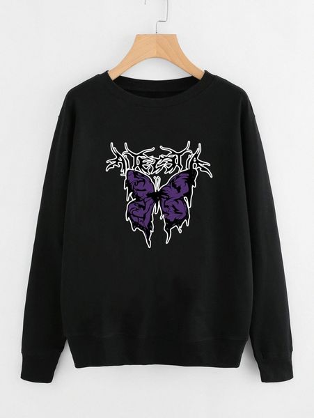 

plus letter and butterfly print pullover z4nj#, Black