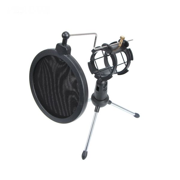 Universal Foldable Adjustable Desktop Microphone Tripod Stand Holder Bracket Supporter with Shock Mount Mic Holder & Dual Layere