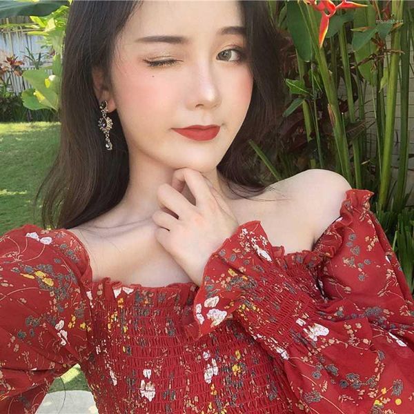 

zcwxm chiffon blouse off shoulder women print floral chci blusas mujer short 2020 spring summer shirts korean girls 1, White