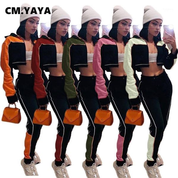 

cm.yaya activewear patchwork women's set zipper jacket crop jogger pants set sporty tracksuit fitness two piece outfits1, Gray