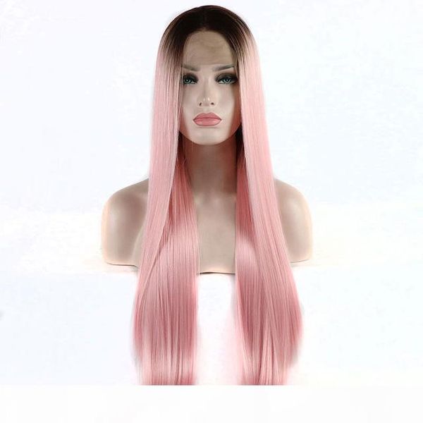 

dark roots ombre pink heat resistant fiber hair wigs for women silky straight pink synthetic lace front wig with baby hair, Black