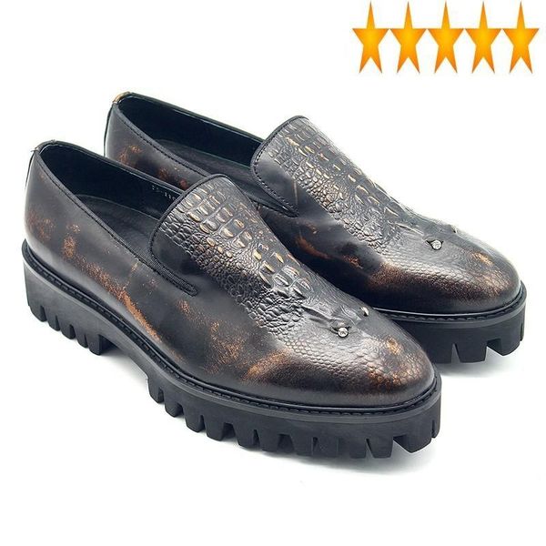 

men formal cow luxury designer brand crocodile leather mens shoes social slip on platform rhinestone male footwear, Black