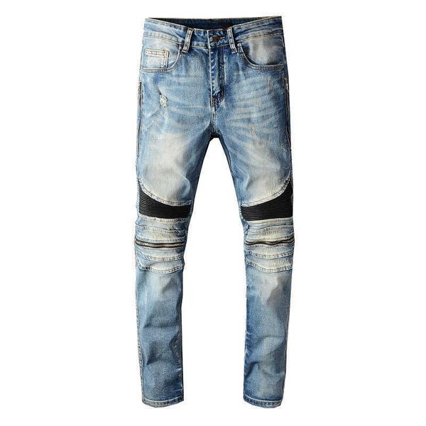 

men's jeans street trend knee fold blue spell white leather zipper jeans elastic slim fit stitched motorcycle pants