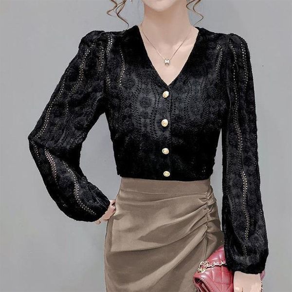 

women's spring autumn style lace blouse shirt women's solid color button long sleeve hollowe out elegant sp970, White