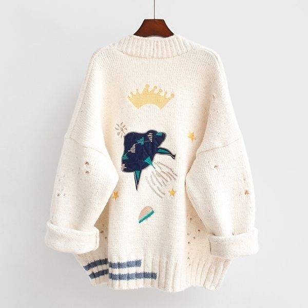 

cartoon embroidery oversize cardigans women harajuku loose v neck sweaters jacket female knitted cardigan mujer winter 201202, White;black