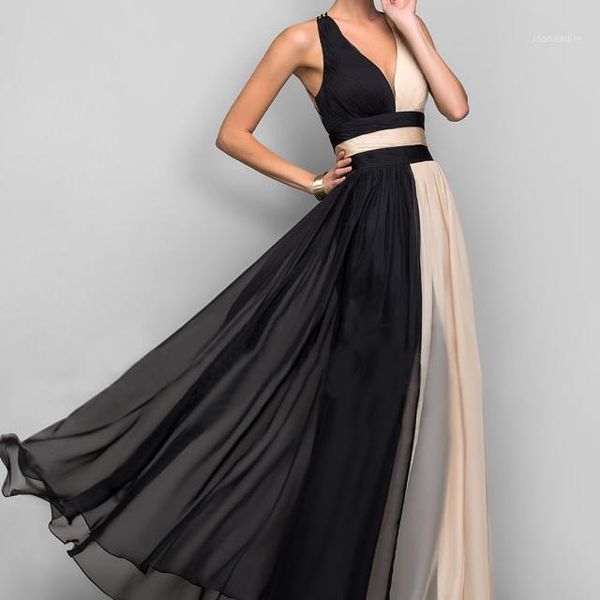

deep v-neck backless cross sleeveless chiffon maxi dress for evening party contrast color slim vestido robe dress chiffon1, Black;gray
