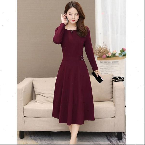 

b temperament women dress autumn winter round dress neck over the knee long sleeve simple solid color slim dress, Black;gray
