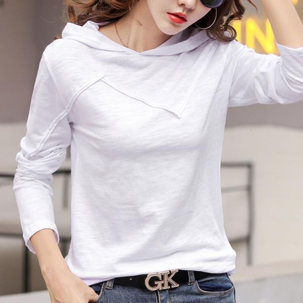 

korea pink t shirt women 2019 fall hooded t-shirt casual tshirt woman cotton harajuku soft tee female long sleeve plus size, White