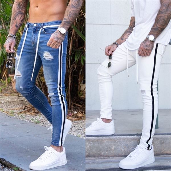 Moda Masculina Jeans Skinny Biker Destroyed Slim Fit Buracos Rasgados Calças Denim Listras Laterais Calça Lápis Hip Hop Azul Branco Preto C1123