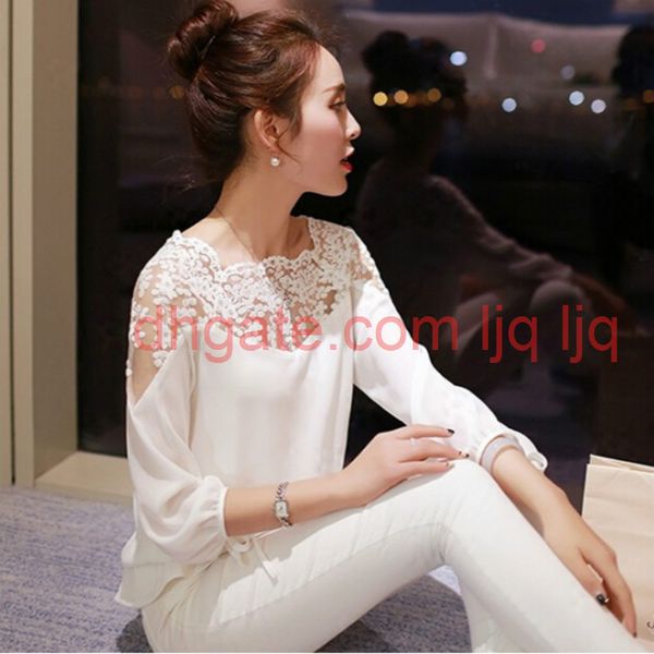 

chiffon shirt autumn sweet hollow shirt three quarter sleeve stitching lace blouse female crop ropa women, White