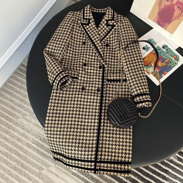 

12.5 high end quality autumn winter fashion temperament double breasted plaid houndstooth thick wool coat women vintage overcoat, Black