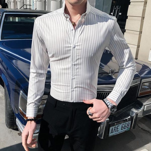 

2020 brand men casual striped shirt formal business dress shirts slim fit long sleeve blouse homme club party social clothing1, White;black