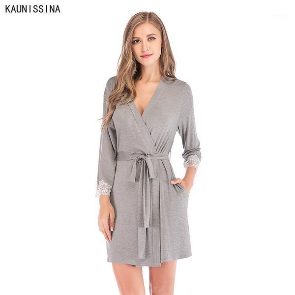 

women sleepwear robes night robe solid v-neck long sleeve lace trim pocket bathrobe dressing gown kimono dressing gown1, Black;red