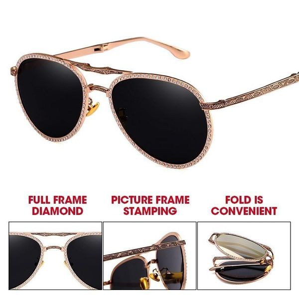 

vintage folding jewel sunglasses women men retro portable drive pilot sun glasses beaded engrave aviation sunglass male shades, White;black